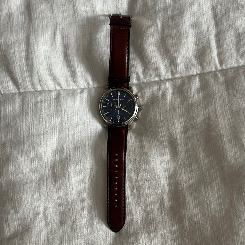 Michael Kors Silver Watch with Brown Strap and Blue Dial